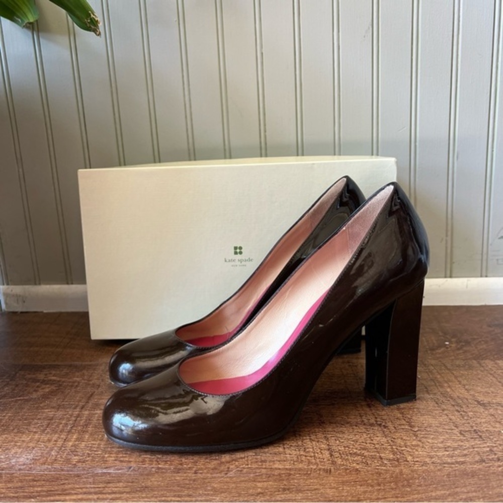 Kate Spade Kristen Patent Leather Glossy Brown Block Heel Pumps